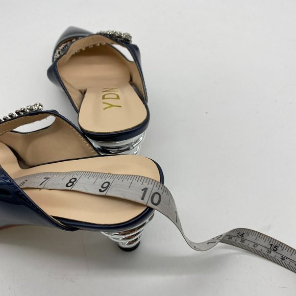 YDN blue patent leather pointy toe sliver spiral low heels slingback shoes - Picture 6 of 7